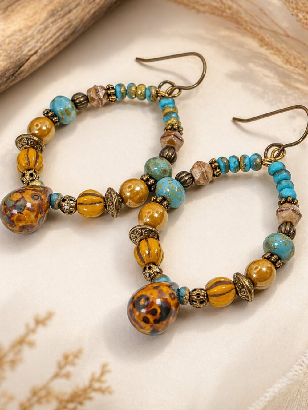 Boho Turquoise & Mustard Beaded Hoop Earrings